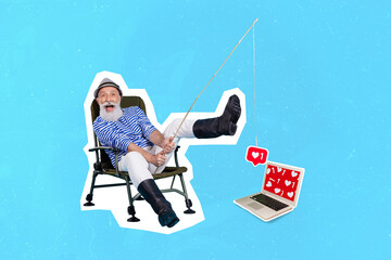 Collage image of overjoyed positive granddad sit chair hold fishing rod catch like netbook isolated...