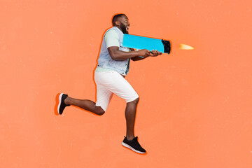 Creative collage portrait of jumping running overjoyed guy hands hold big lighter firing isolated on orange painted background - obrazy, fototapety, plakaty
