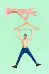 Vertical composite collage portrait of huge arm fingers hold rack small guy hanging isolated on...