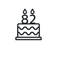 Birthday cake line icon with candle number 82 (eighty-two). Vector.