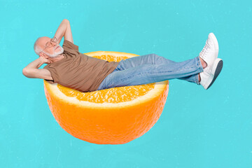 Creative collage image of aged grandfather hands behind head laying big half orange isolated on teal background