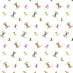 Fototapeta na wymiar Seamless pattern for needlework with sewing threads, on a white background. Seamless texture with sets of coils of thread of different colors, needlework items. Flat illustration for printing on paper