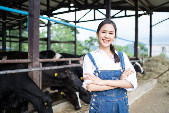 Portrait of Attractive Asian dairy farmer woman work outdoor in farm.