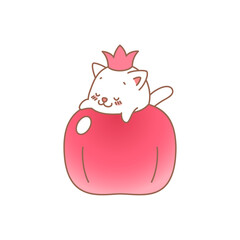 Cat with pomegranate. Kawaii illustration of a little white kitten sitting in a pomegranate isolated on a white background. Vector 10 EPS.
