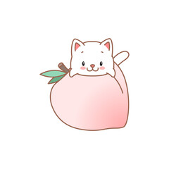 Cat with peach. Kawaii illustration of a little white kitten sitting in a pink peach isolated on a white background. Vector 10 EPS.