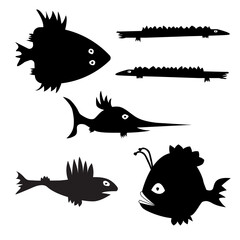 Cartoon, hand drawn, vector doodle illustration of funny fish set. Flounder, eel, swordfish, sardine, anglerfish