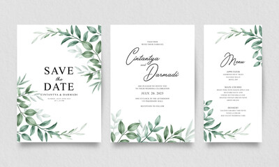 Fototapeta na wymiar Set of elegant wedding invitation templates with greenery watercolor