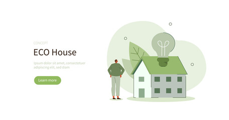 Characters standing near private eco house. Renewable energy and saving electricity concept. Vector illustration.