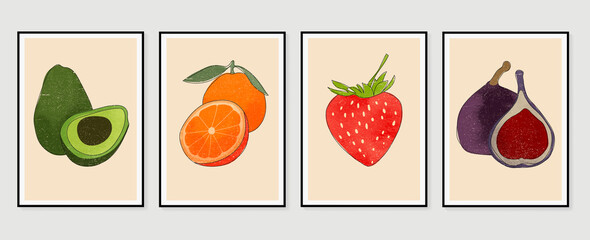 Set of abstract fruit wall art vector. Oranges, avocado, strawberry, leaves, figs with watercolor texture. Line art wall decoration collection design for interior, poster, cover, banner.