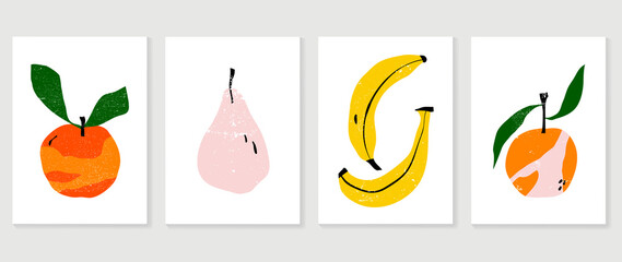 Set of abstract fruit wall art vector. Pear, apple, bananas, leaves, orange with watercolor texture. Line art wall decoration collection design for interior, poster, cover, banner.