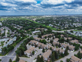 view in Edmonton, Alberta, Canada, aerial drone shot residential neighbourhood