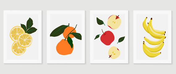Set of abstract fruit wall art vector. Lemon, oranges, apples, bananas, leaves with watercolor texture. Tropical fruits wall decoration collection design for interior, poster, cover, banner. - obrazy, fototapety, plakaty