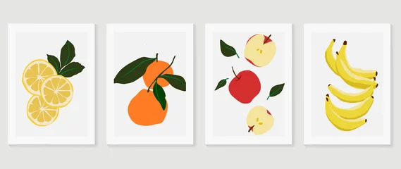Fotobehang Set of abstract fruit wall art vector. Lemon, oranges, apples, bananas, leaves with watercolor texture. Tropical fruits wall decoration collection design for interior, poster, cover, banner. © TWINS DESIGN STUDIO