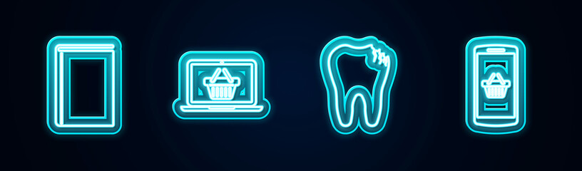 Set line Book, Shopping basket on laptop, Broken tooth and mobile. Glowing neon icon. Vector