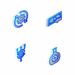 Set Isometric line Cash back, Gear and arrows workflow, Algorithm and Bioengineering icon. Vector