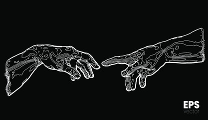 Vector illustration of hands reaching out for touch in white relief curves halftone vintage style design isolated on black background. - obrazy, fototapety, plakaty