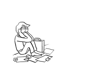 Depressed overthinking worker burried his face. Concept of losing and despair. Cartoon vector illustration design.