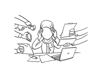 Muslim business woman overworked. Concept of multitasking and burnout. Cartoon vector illustration design