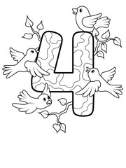 Coloring page - Numbers. Education and fun for childrens. Printable sheet - 4 four and birds