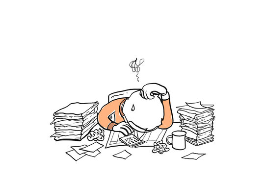 Finance department worker asleep at office desk with pile of document, calculator and coffee. Concept for overworked and burnout. Cartoon vector illustration design