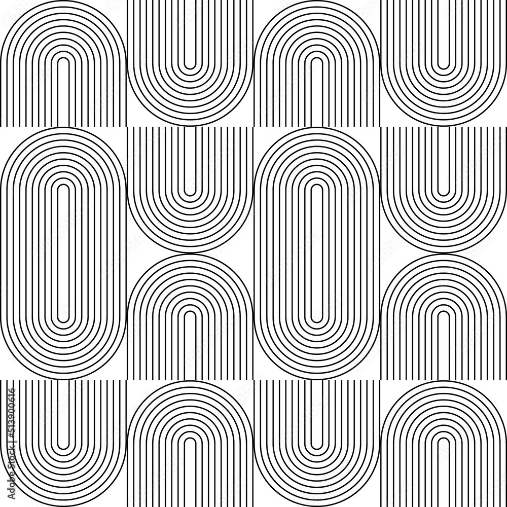 Poster Modern vector abstract seamless geometric pattern with semicircles and circles in retro  style. Black u shapes on white background. Minimalist  illustration in Bauhaus style with simple shapes.