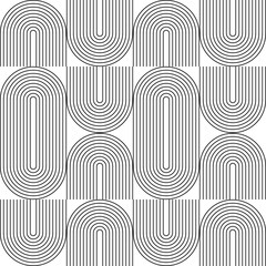 Modern vector abstract seamless geometric pattern with semicircles and circles in retro  style. Black u shapes on white background. Minimalist  illustration in Bauhaus style with simple shapes. - 513900616