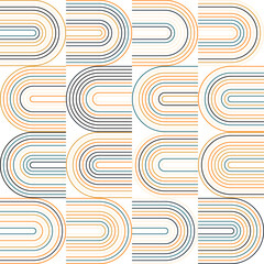 Fototapeta na wymiar Modern vector abstract seamless geometric pattern with semicircles and circles in retro style. Pastel colored lines on white background. Minimalist illustration in Bauhaus style with simple shapes.