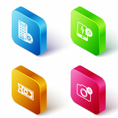 Set Isometric line Mobile Apps setting, Power bank, Fast payments and Photo camera icon. Vector