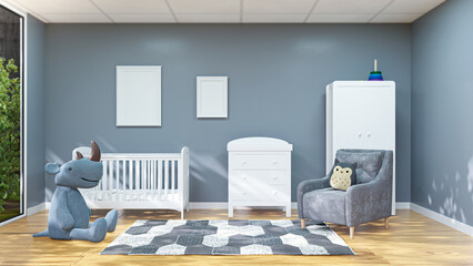 3d rendered illustration of a baby room with baby bed and large stuffed toy animal