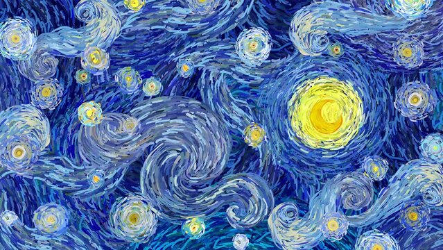 4k animation of cloudy sky and glowing moon in starry night sky in impressionist flat colors style.