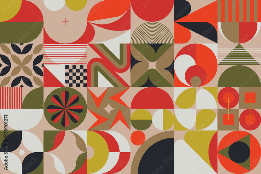 Poster mid-century inspired graphic pattern art made with abstract vector geometric shapes and elements
