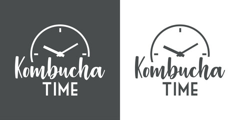 Banner con texto manuscrito Kombucha Time. Logo bar de té. Vector con silueta de esfera de reloj simple con líneas. Fondo gris y fondo blanco