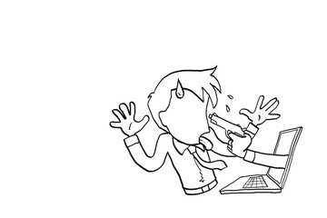 Worker pointed at the gun from the laptop screen. Concept for cyber security. Cartoon vector illustration design