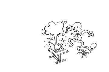 Businessman shocked and jumped from his chair because his laptop exploded. Cartoon vector illustration design