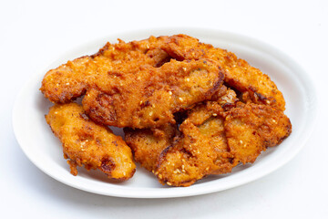 Deep-fried sliced banana on white background