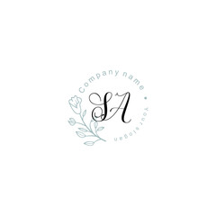 Initial letter SA handwriting with floral frame template	