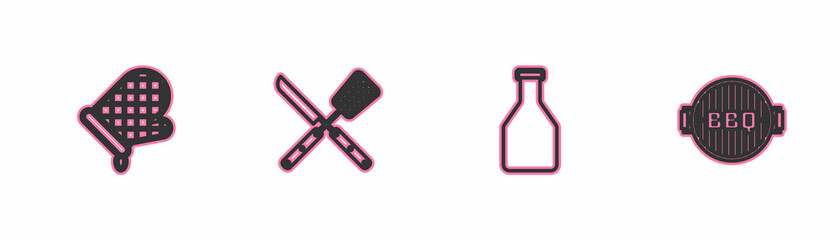 Set line Oven glove, Ketchup bottle, Crossed knife and spatula and Barbecue grill icon. Vector