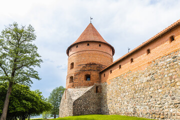 Defense wall and tower of Trakai Castle. Trakai, Lithuania, 10 June 2022