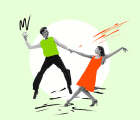 Energetic excited dancing couple in bright retro 70s, 80s style outfits dancing over colored background with drawings. Contemporary art collage.