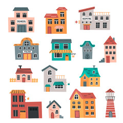 Set of cute city buildings and houses