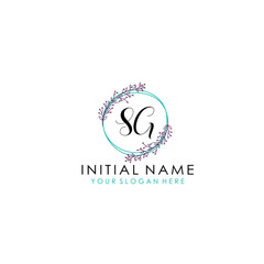 Initial letter SG handwriting with floral frame template	