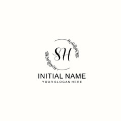 Initial letter SH handwriting with floral frame template	