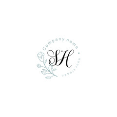 Initial letter SH handwriting with floral frame template	