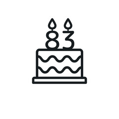 Birthday cake line icon with candle number 83 (eighty-three). Vector.