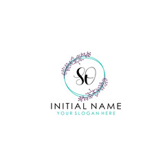 Initial letter SO handwriting with floral frame template	