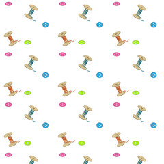 Seamless pattern for needlework with sewing threads, on a white background. Seamless texture with sets of coils of thread of different colors, needlework items. Flat illustration for printing on paper