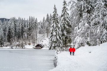 Snow winter in Fusine. Magic of the lower lake.