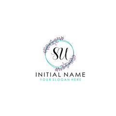 Initial letter SU handwriting with floral frame template	