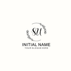 Initial letter SU handwriting with floral frame template	