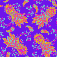 Fototapeta na wymiar Paisley vector seamless pattern. Fantastic flower, leaves. Batik style painting. Vintage background